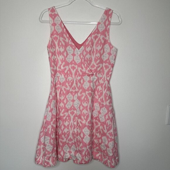 Gap Linen Mini Dress Fit and Flare Size 4 Pink Geometric V Neck - Picture 2 of 11